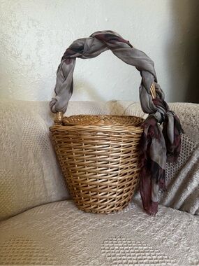 Woven Rattan Basket Handbag with Gray and Burgundy Scarf Accent